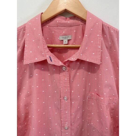 Talbots Swiss Dot Gingham Plaid Button Up Top 3X Pink Roll Tab Sleeve Old Money - Picture 3 of 7